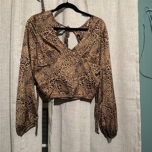 Almost Famous Brown Wrap Crop Blouse with Long Sleeves